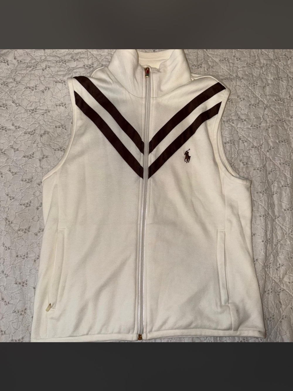 Polo by Ralph Lauren White Fleece Zip Vest with Brown Chevron Stripes